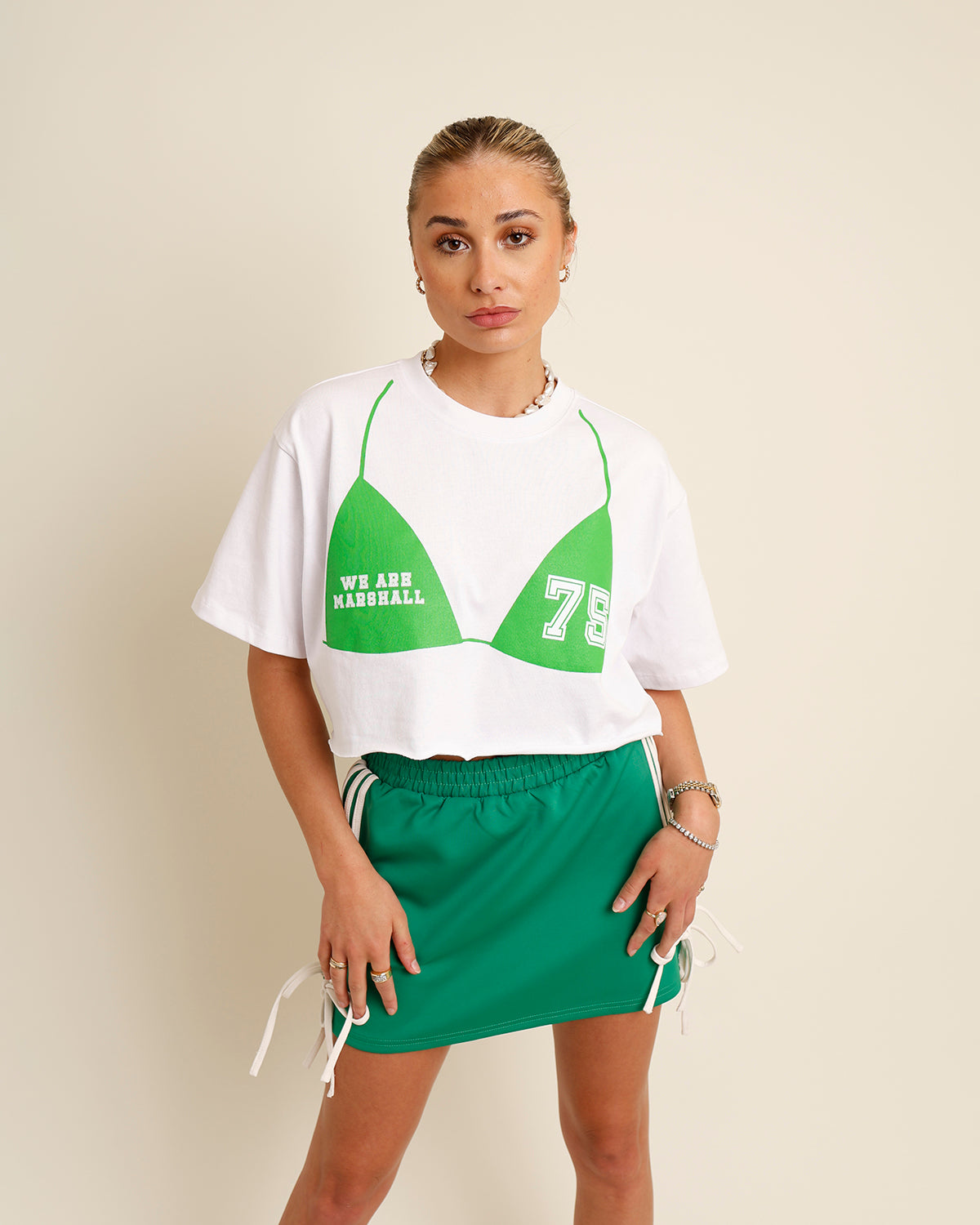 green bikini print "we are marshall, 78" white cropped tee