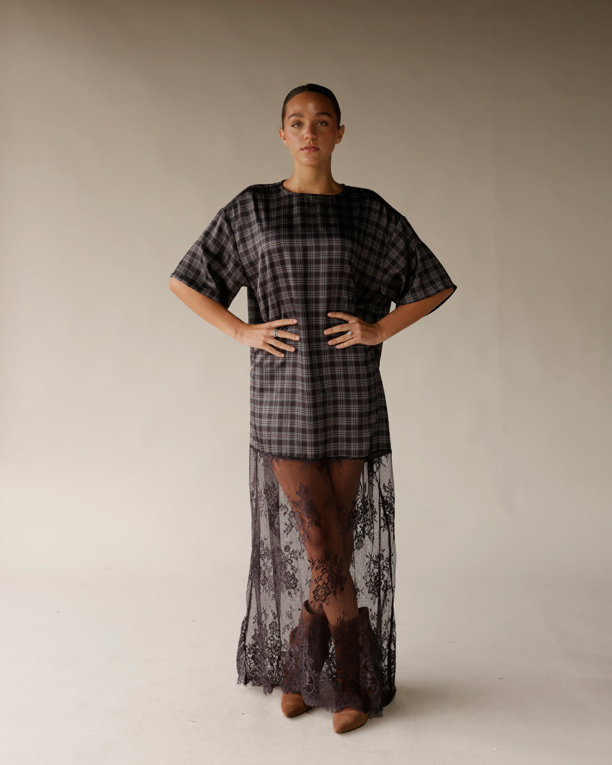 CRYSTAL PLAID LACE MAXI DRESS