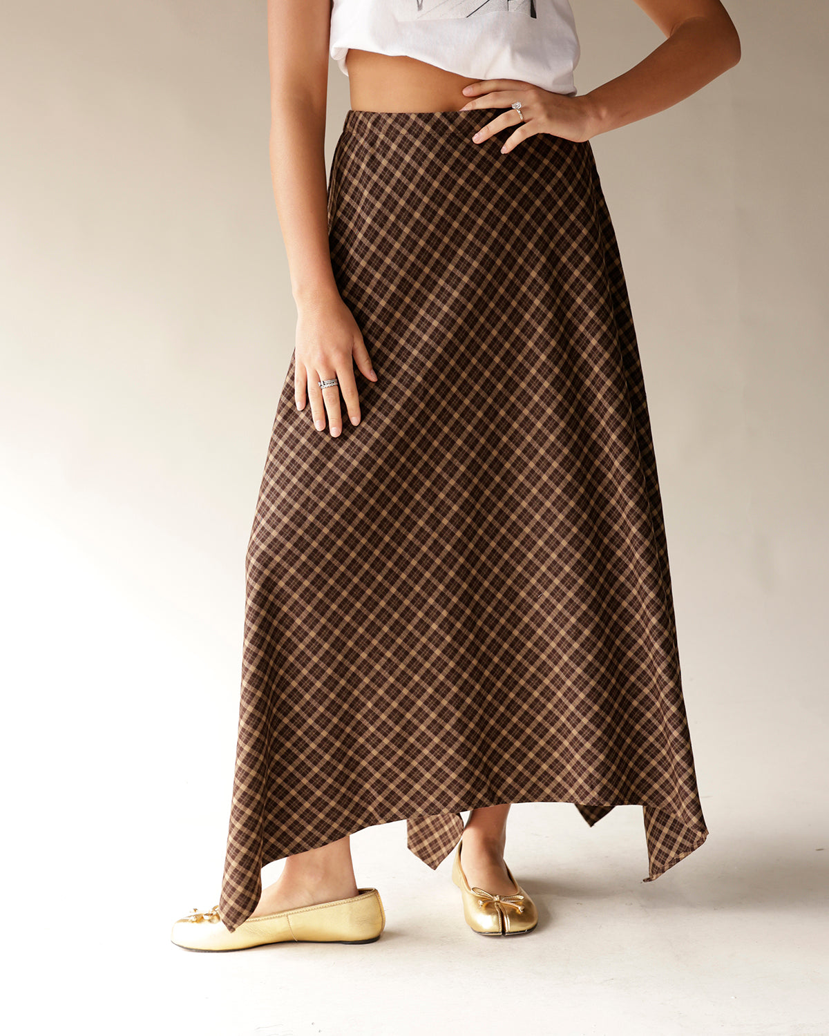 MOONRIVER PLAID BROWN FLOWY SKIRT