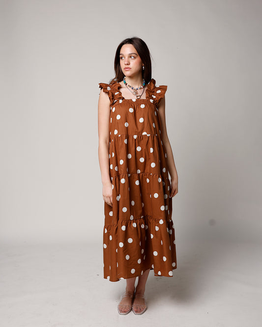 brown polka dot midi dress