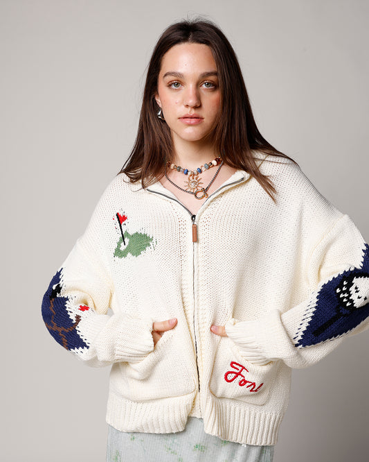 golf themed zip up up cardigan sweater
