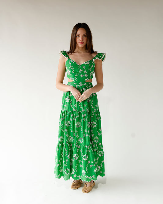 green and white eyelet cut out tiered midi dress spring midi dress