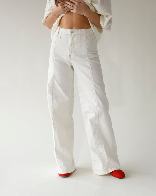 free people white wide leg high rise seamed paneling jeans white denim jeans