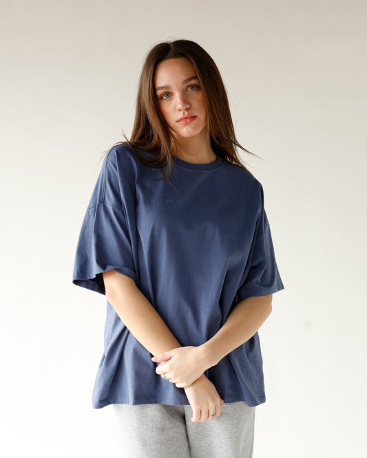 muted blue everyday tshirt oversized plain blue tee crew neckline dropped shoulders everyday tee