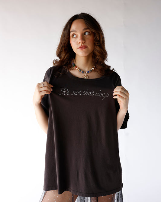 black rhinestone graphic "it's not that deep" daydreamer tee women's rhinestone graphic tee
