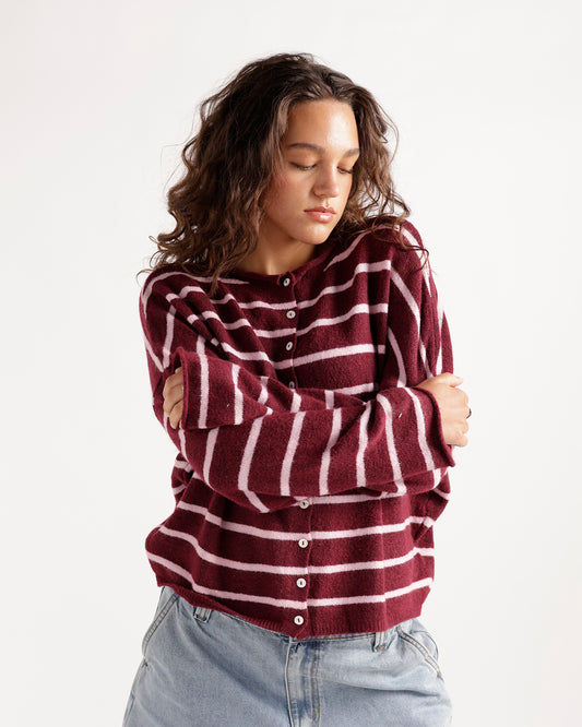 Wine and baby pink striped knit button-up cardigan with long sleeves