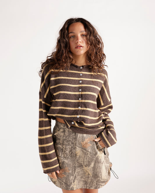 Cropped brown and yellow striped button-front cardigan with long sleeves
