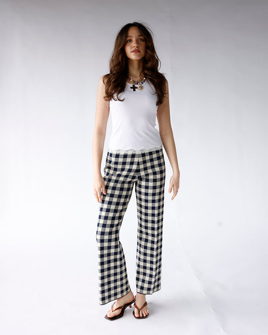 black and white gingham print pants gingham print elastic waist stretchy pants