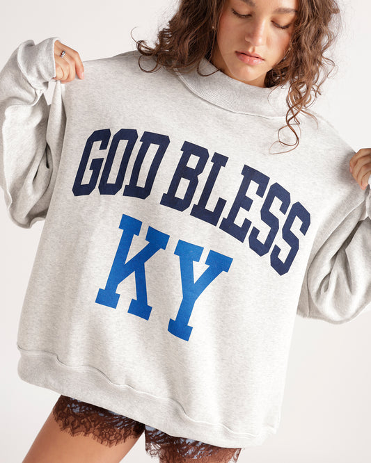 Get cozy with this stylish gray mockneck sweatshirt featuring a bold 'God Bless KY' print with reversible "kentucky" bold print on the other side. Perfect for casual wear.