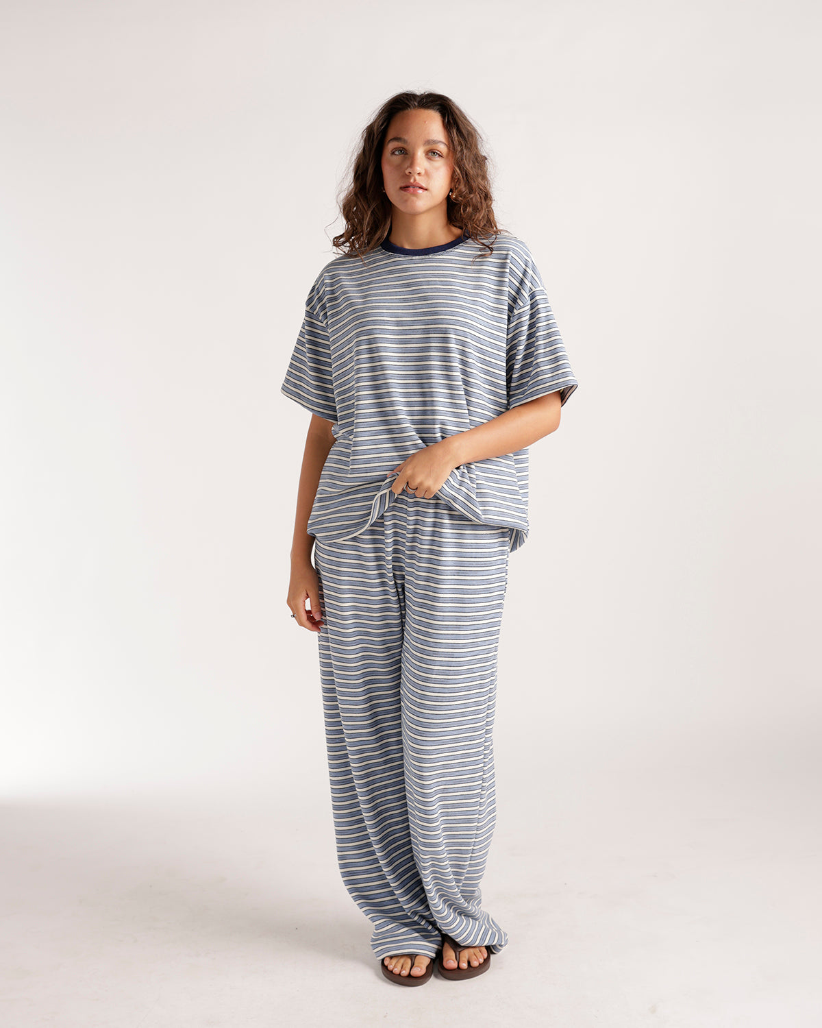 Oversized striped blue and white short sleeve tee with navy crew neck trim