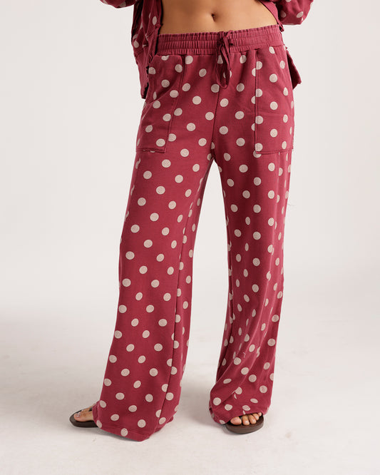 Wide-leg berry red polka dot lounge pants with elastic drawstring waist