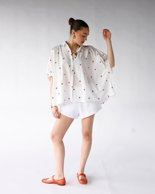 white blouse with red embroidered stars women's red star embroidered short sleeve blouse