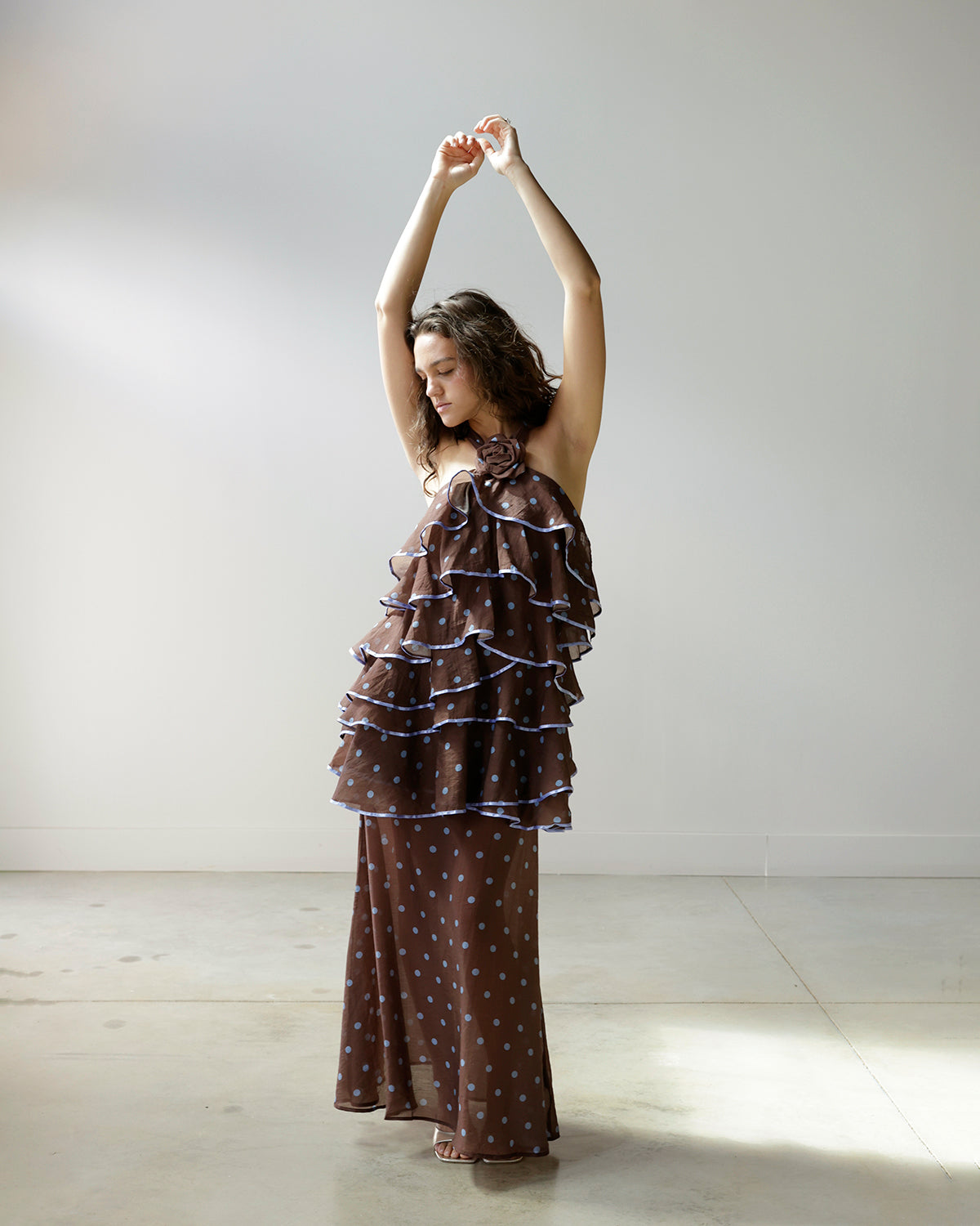 TIERED POLKA DOT HALTER MAXI DRESS