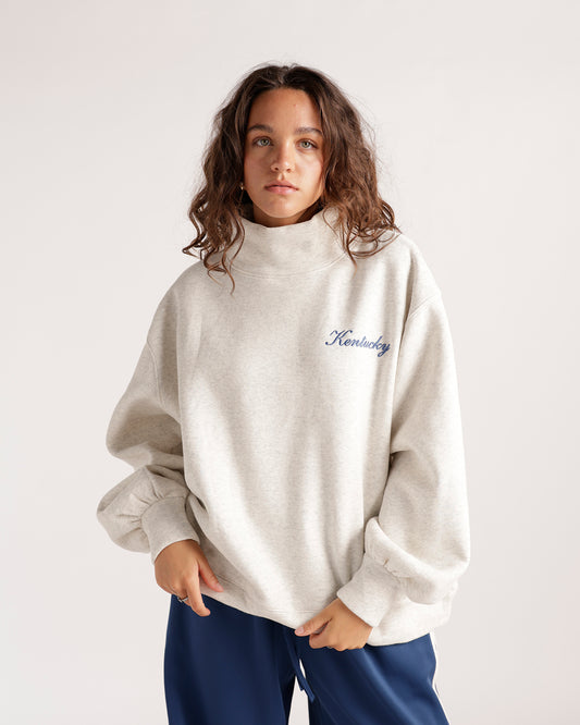 Oatmeal mock neck sweatshirt with blue Kentucky script, oversized fit