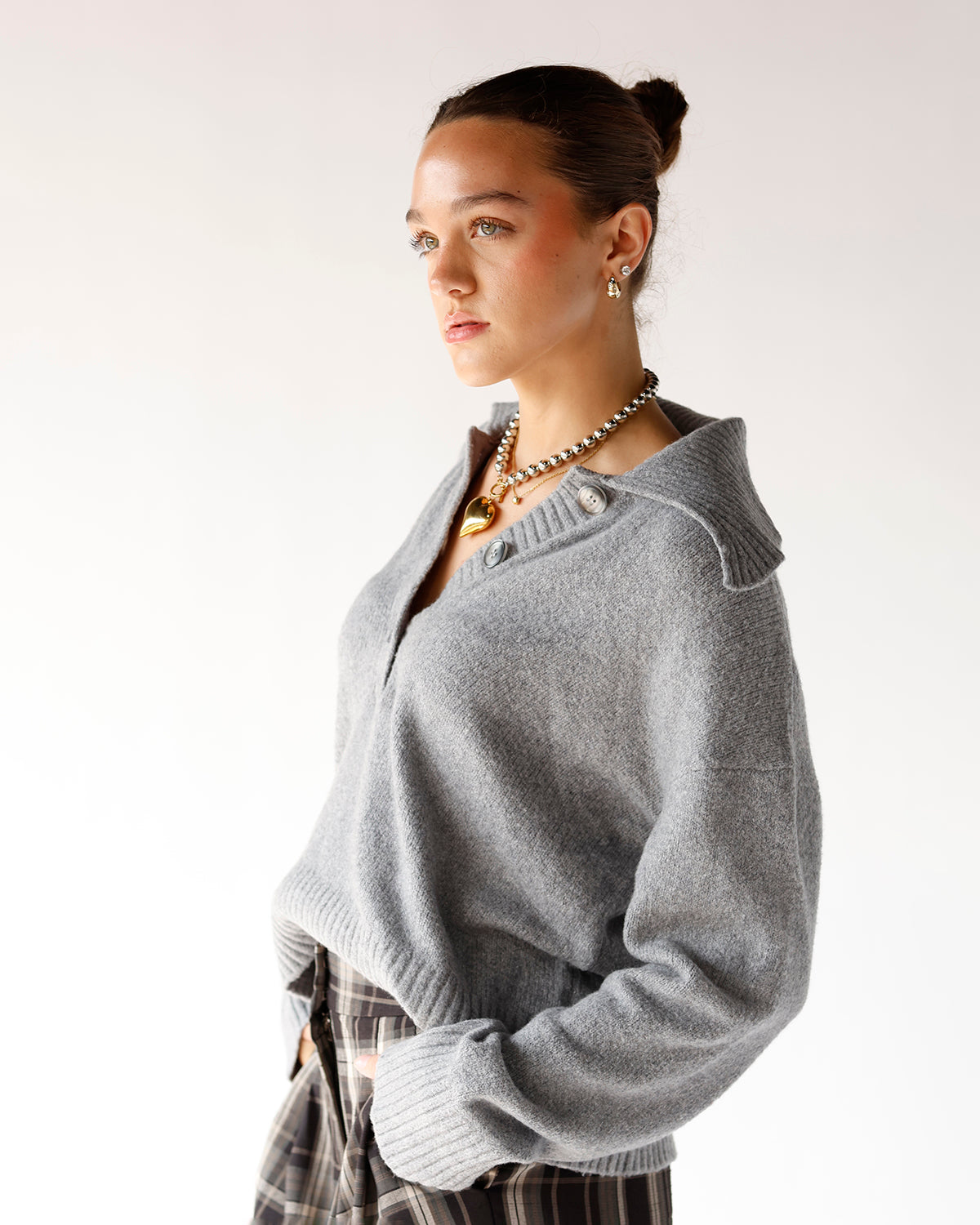 FREE PEOPLE TRADING UP POLO SWEATER X GREY
