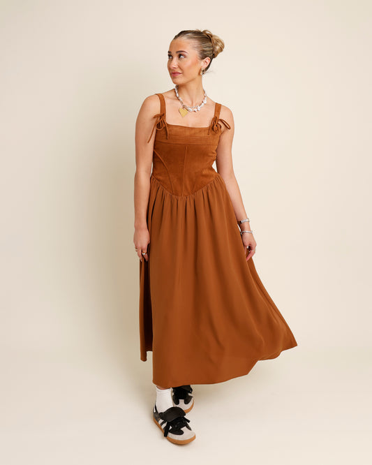 brown velvet midi dress drop waist