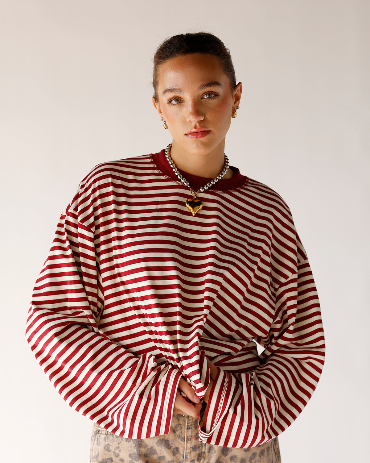 stripped long sleeve tshirt everday tops staple tops burgundy pinstripe oversized