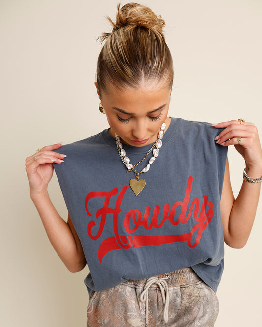 "howdy" red and blue muscle tee