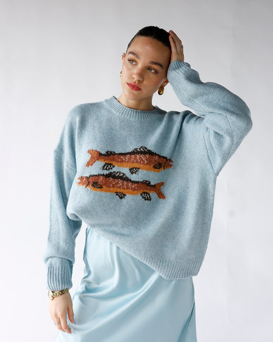 dusty blue sweater with brown fish graphic women's dusty blue graphic knit sweater