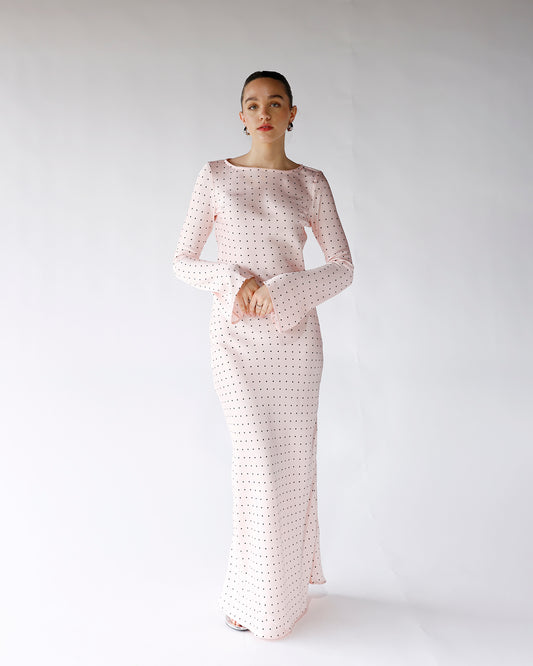 pink base black polka dot long sleeve maxi dress light pink and all over black polka dot print maxi dress