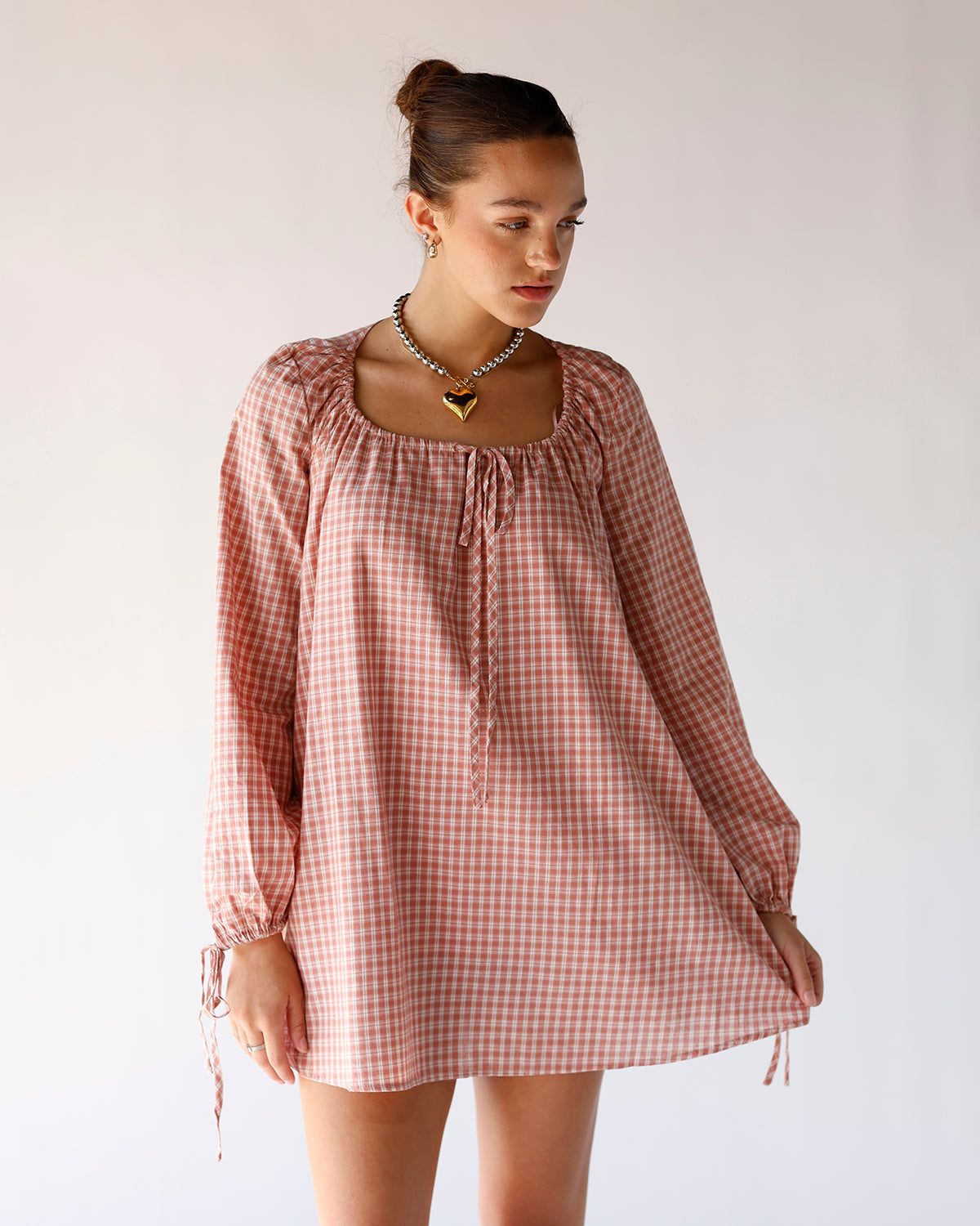 BABYDOLL MINI DRESS X DUSTY PINK CHECKERED