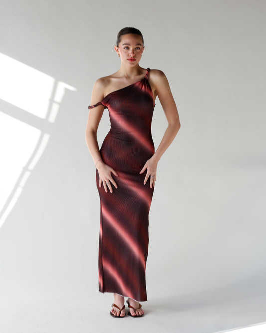 one shoulder maxi dress with burgundy and pink gradient pattern