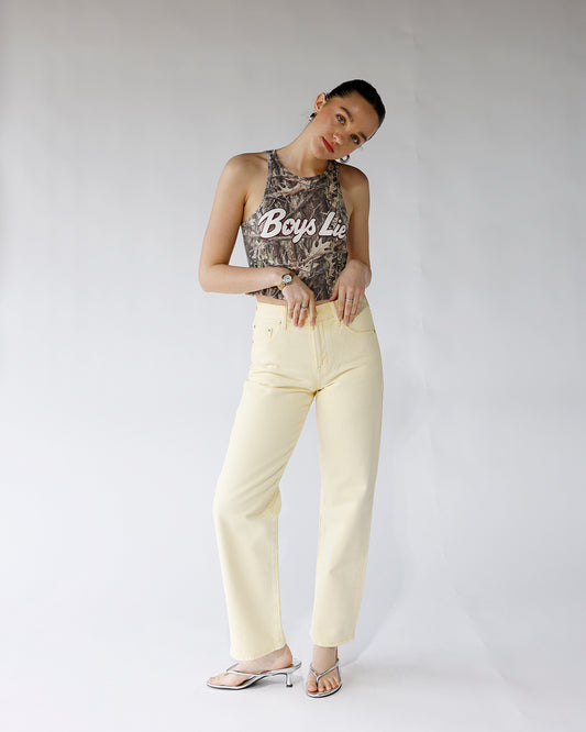 pistola lexi mid rise bowed straight jean day glow yellow straight leg jeans women pale yellow jeans