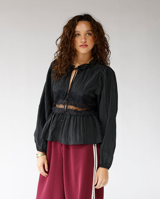 STELLA SHEER LACE DETAIL BLOUSE X BLACK