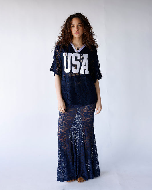 navy sheer floral lace maxi skirt