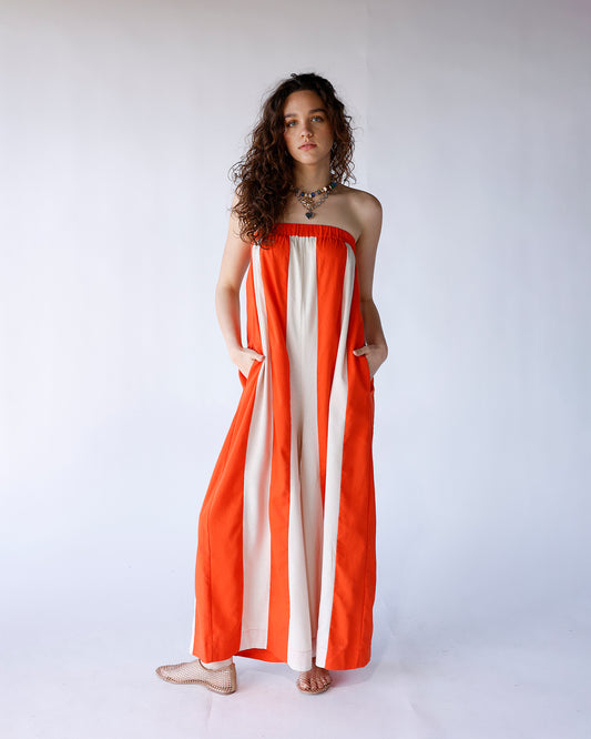 orange and white vertical striped strapless jumpsuit