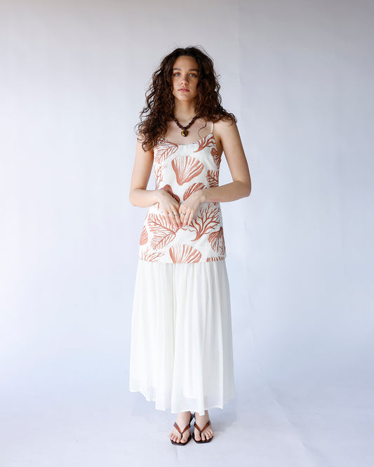 seashell print midi dress with white flowy skirt summer midi dress women