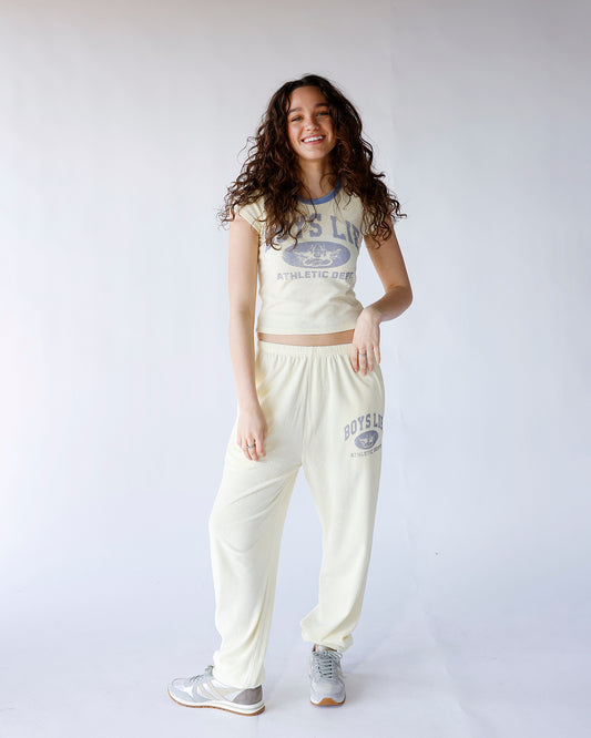 boys lie athletic dept v3 kimmy pant women's sweatpants pale yellow and blue graphic sweatpants