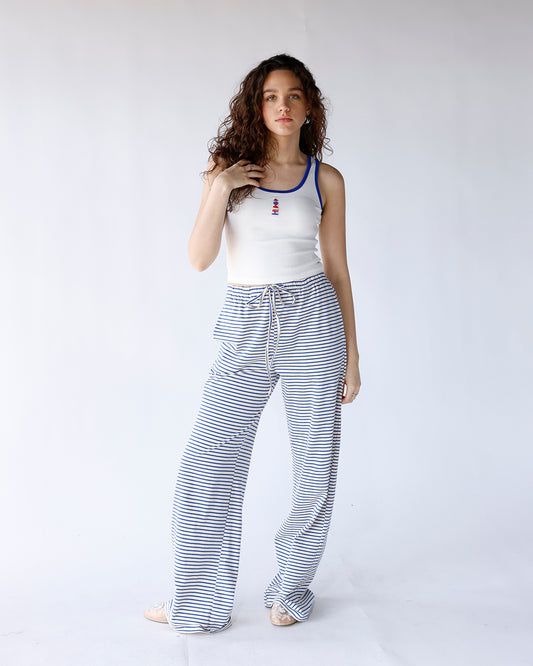 blue and white striped wide leg lounge pants women elastic waist blue and white striped pants