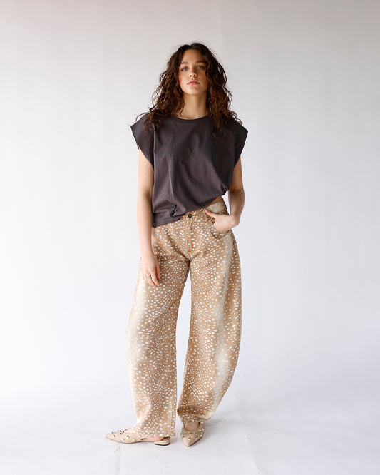 deer print barrel jeans women's brown deer print barrel leg jeans