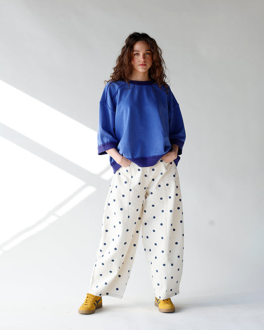 blue quarter sleeve crewneck with dark blue contrast trim quarter sleeve crewneck everyday sweatshirt