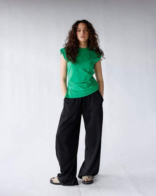 pistola nya draped tee mantis capped shoulder short sleeve tee with shirred bodice green dressy short sleeve tee