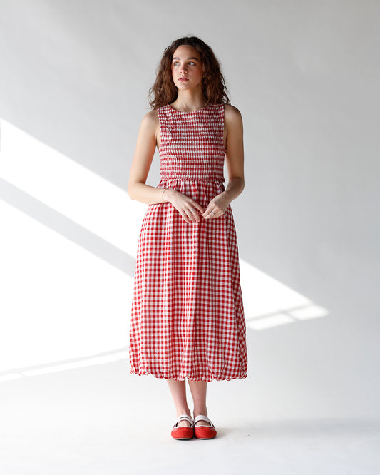 red and white gingham print maxi dress with open back detail