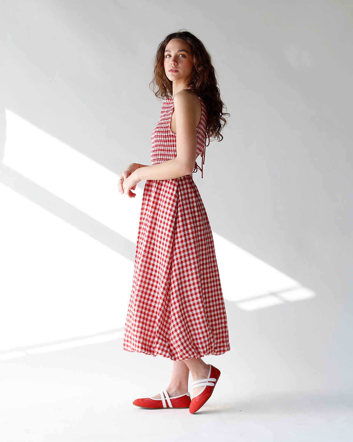 RED, WHITE & READY GINGHAM MIDI DRESS