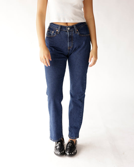 Dark blue high-rise straight-leg jeans with classic five-pocket styling
