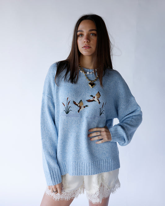 light blue duck design graphic knit sweater