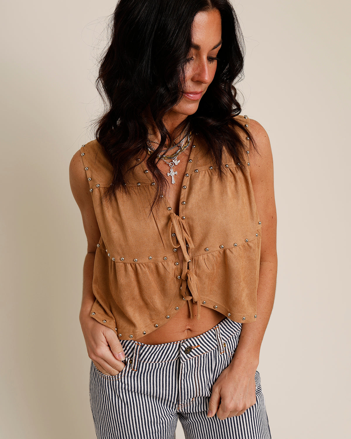 JOLENE TIE-FRONT STUDDED SUEDE VEST TOP