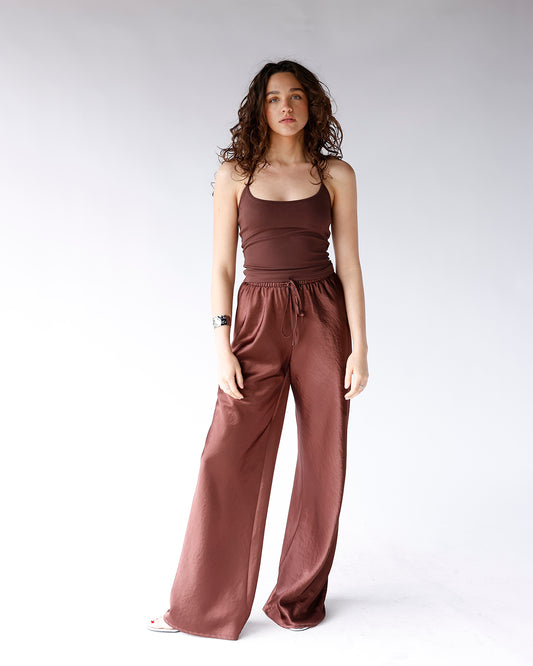 HIP CHOCOLATE SATIN WIDE LEG PANTS