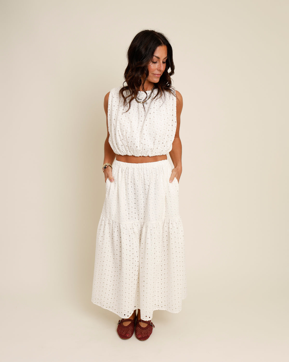ASTR THE LABEL NALLEY EYELET MIDI SKIRT