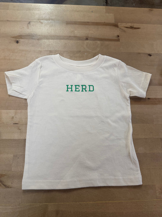 Ivory toddler t-shirt with green HERD text printed on chest