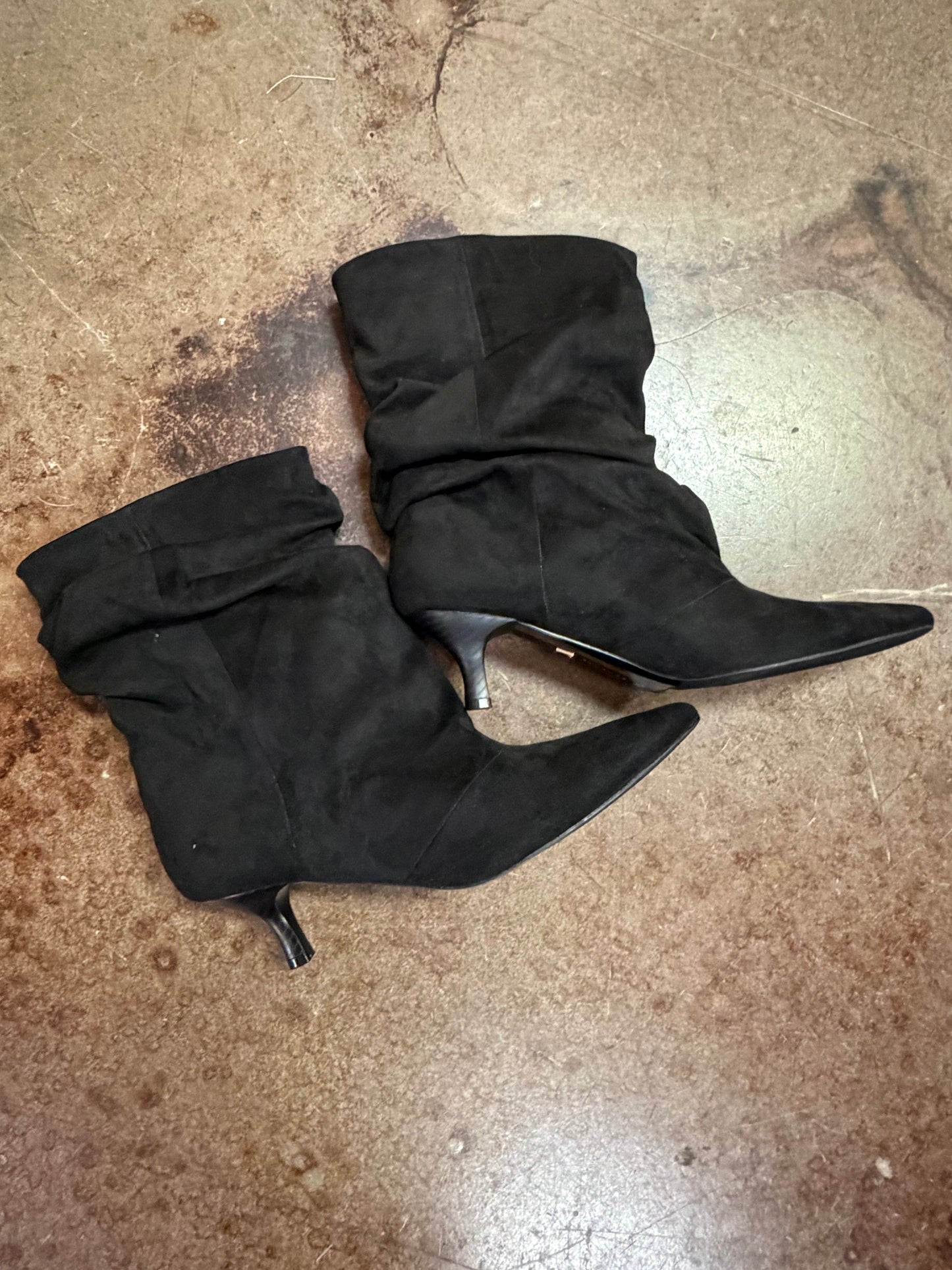 Black suede slouch mid-calf boots with pointed toe and kitten heel