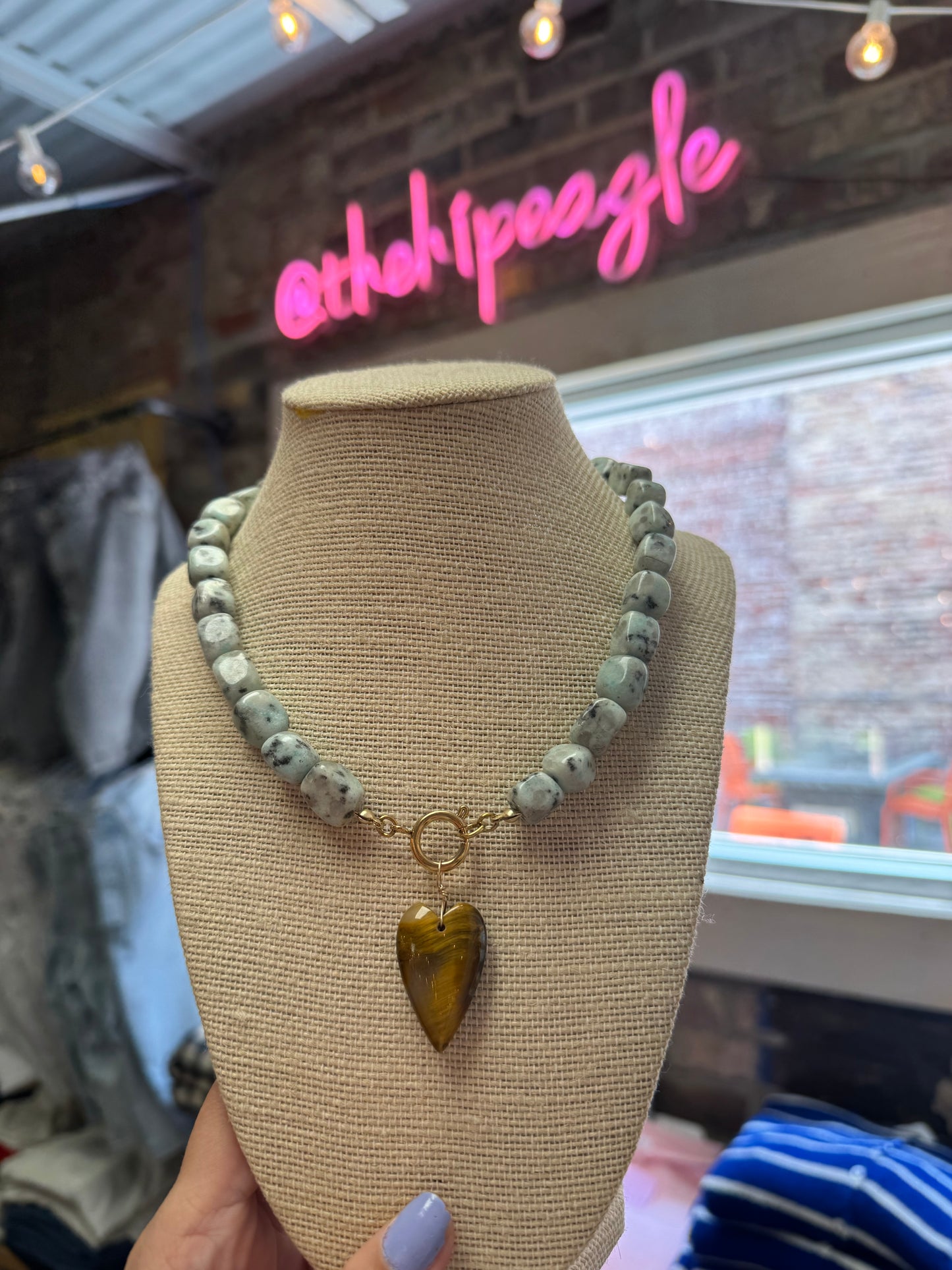 spotted jasper beaded necklace with brown gemstone heart pendant