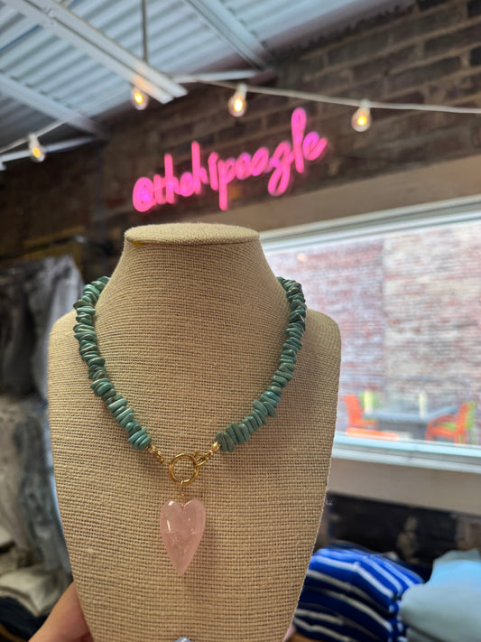 turquoise shell beaded necklace with pink gemstone heart pendant