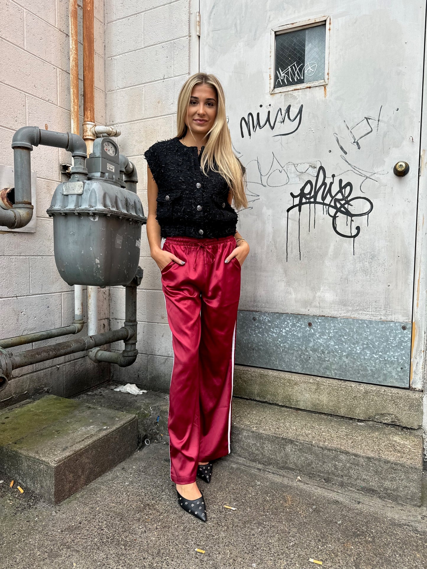 cherry red silk satin track pants