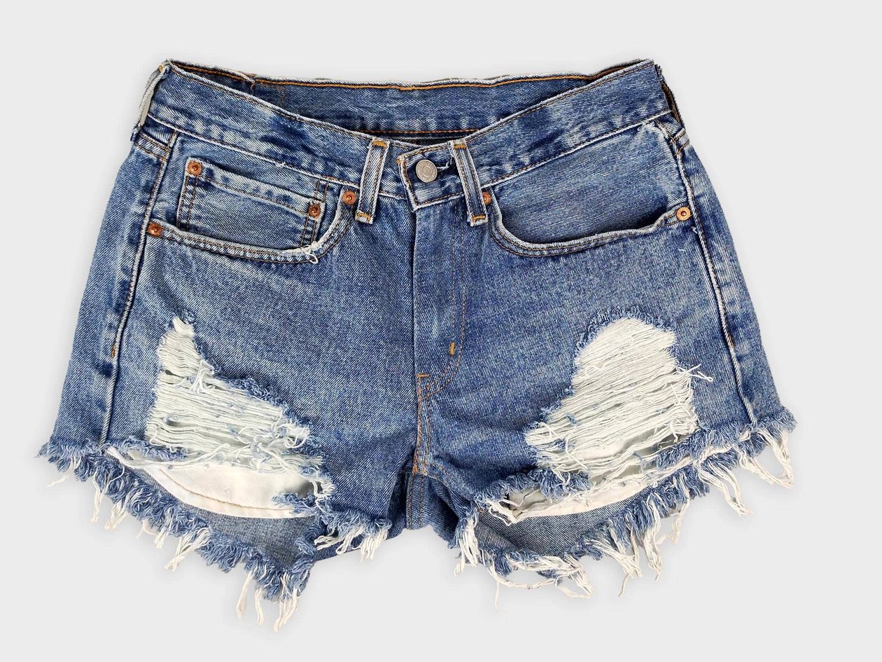 LEVI'S UPCYCLED LOW RISE FRAYED DENIM SHORTS