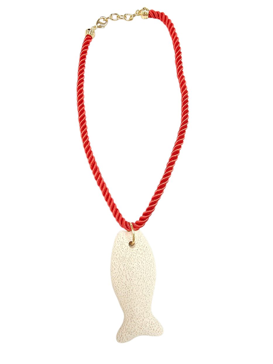 STONE LAVA FISH TWISTED CORD NECKLACE X RED